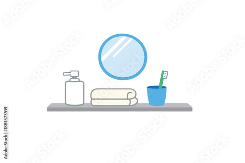 Bathroom shelf with personal care items and a round mirror in a simple setting