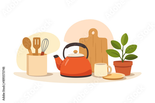 Kitchen tools and plants sit on a surface with a red kettle, wooden utensils, and a small plant under soft lighting in a home setting