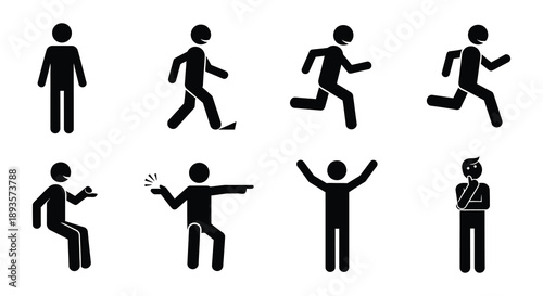 Collection of diverse black stick figures depicting various human actions