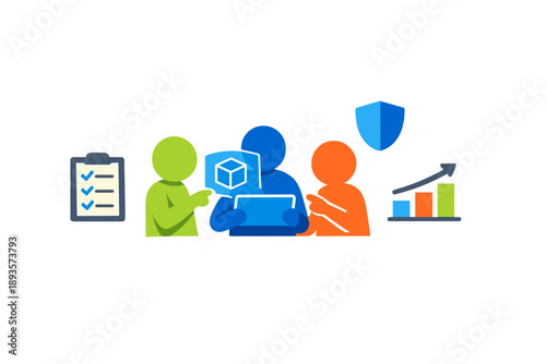 Team collaborating on project management tasks, discussing data and charts in a digital workspace during daytime hours