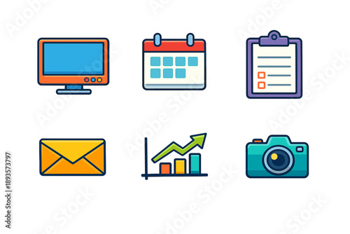 Icons for digital tools including computer, calendar, clipboard, envelope, chart, and camera displayed in a simple layout for educational use
