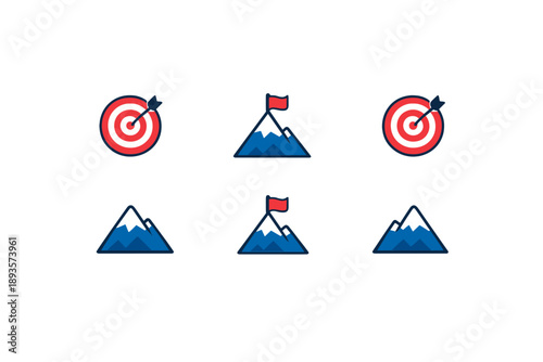 Different target and mountain designs showing goals and achievements with arrows hitting targets and flags on peaks