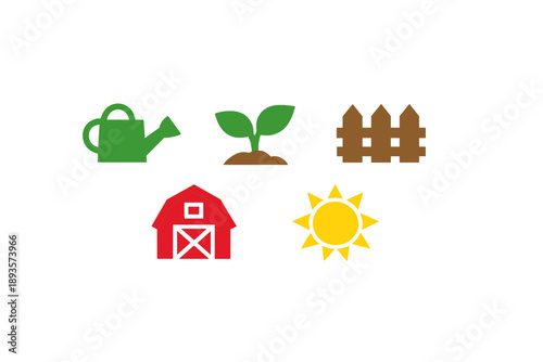Watering plants and farming activities take place on a sunny day near a red barn with a wooden fence in the countryside