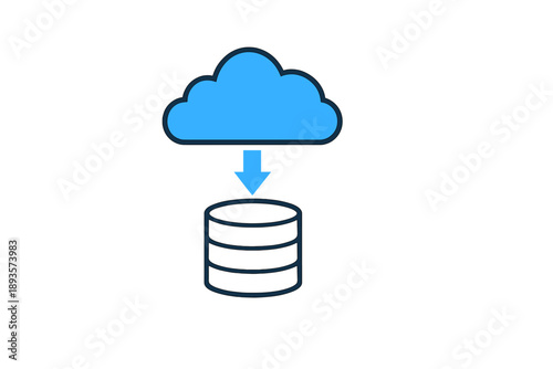Cloud storage service showing data upload process with a blue cloud over a database icon