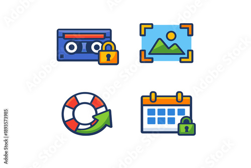 Icons representing digital security and data protection featuring a locked cassette tape, a secured image, a recovery icon, and a locked calendar on a white background