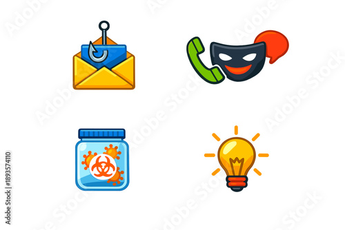 Visual representation of various symbols related to online security issues including phishing, scams, and malware alerts in a digital context