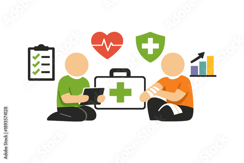 Two children discuss health topics while sitting on the floor with a first aid kit, health symbols, and data charts surrounding them in a friendly setting