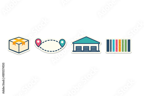 Icons showing package delivery, location tracking, storage facility, and barcode for shipping process