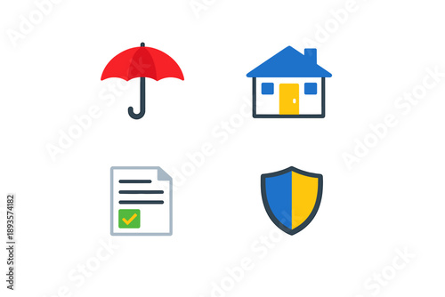 Red umbrella, blue house, document with checkmark, and shield icon displayed together on a white background during daytime in a simple digital design
