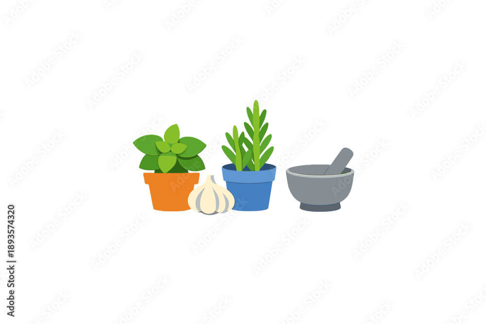 Fototapeta premium Herbs, garlic, and a mortar sit together on a table in a kitchen setting during daytime