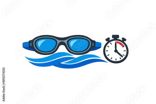 Swimming goggles, waves, and a stopwatch show the timing and preparation for a swim event at a pool or open water area