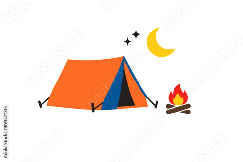Camping at night with a tent and fire in a clear sky with a moon and stars shining above