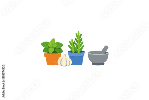 Herbs, garlic, and a mortar sit together on a table in a kitchen setting during daytime