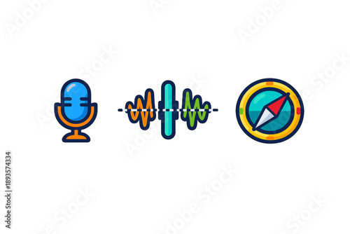 Icons for audio recording, sound wave editing, and a compass symbolizing navigation in a digital workspace