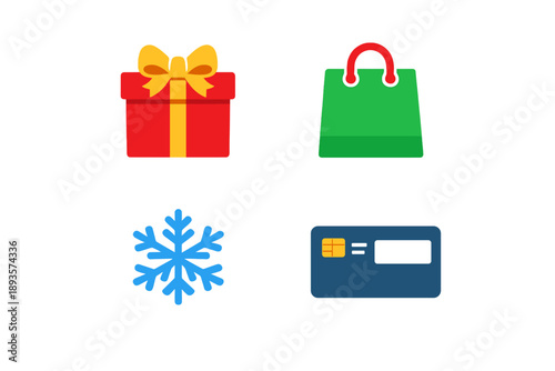 Colorful gift, shopping bag, snowflake, and credit card arranged in a simple layout for holiday season shopping activities and celebrations during winter time