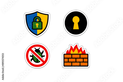 Different security symbols displayed on a white background showing lock, keyhole, bug, and fire wall images