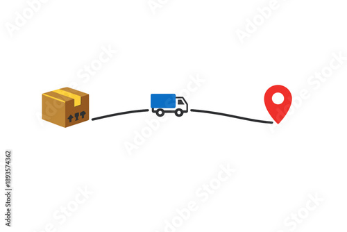 Delivery process starts with a package leaving a warehouse, traveling by truck to a destination shown by a location marker on a map