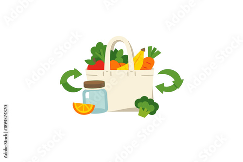 Groceries in a reusable bag with fruits and vegetables ready for a healthy meal preparation at home