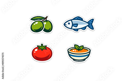 Various food icons show olives, fish, tomato, and a bowl with a dip. These items represent ingredients for healthy eating