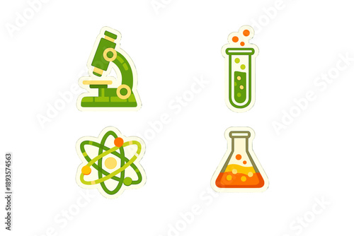 Different tools used in science and experiments showing a microscope, test tube, atom, and flask in a simple design suitable for educational materials