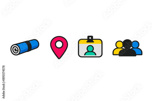Visual representation of items indicating activities for group gatherings and location identification, suitable for events in various settings