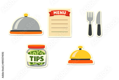 Different items found in a restaurant setting such as a menu, plates, cutlery, and a tips jar arranged on a simple background
