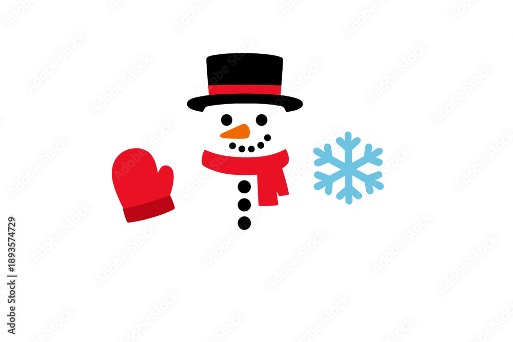 Fototapeta premium Building a snowman with a red mitten, a black hat, and a snowflake in a winter scene during a sunny day