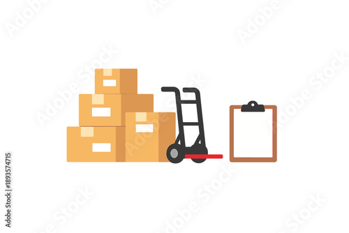 Boxes stacked on a pallet jack next to a clipboard in a warehouse during daytime operations for inventory management and delivery preparation