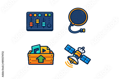 Different tools and items related to music production and broadcasting gathered on a simple white background