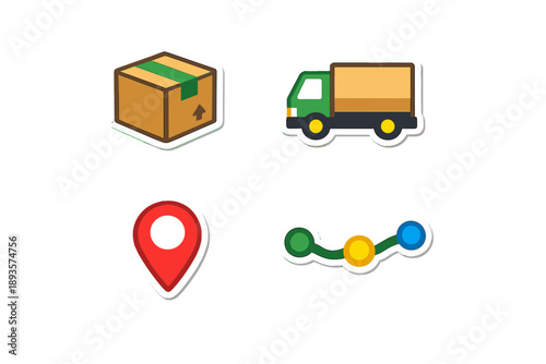Delivery icons for shipment tracking and location services showing a cardboard box, a delivery truck, a map pin, and a line graph