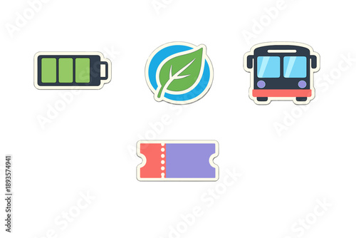 Various icons including a battery, a leaf, a bus, and a ticket on a simple background conveying concepts of energy, nature, transportation, and access