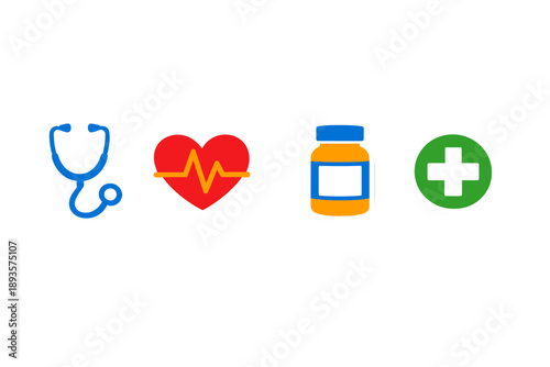 Health symbols represent medical care, wellness, and medication for people in need in a simple and direct way during any time of day