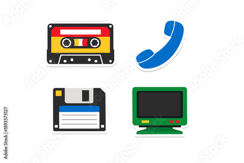 Colorful stickers showing retro technology symbols including a cassette tape, telephone, floppy disk, and computer monitor on a plain background