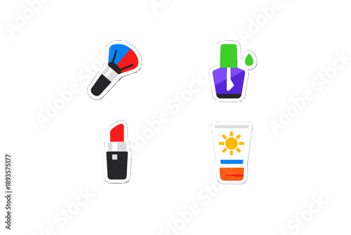 Four small stickers show beauty items like a flashlight, nail polish, lipstick, and sunscreen placed on a plain white background