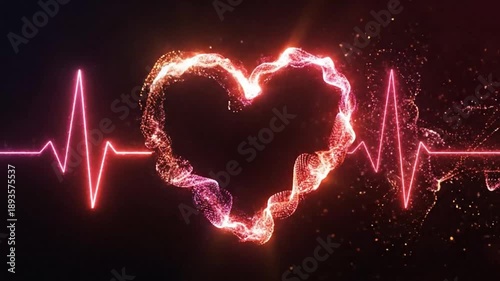 Heart rate line. Glowing pink heart on ECG background. Valentine day symbol. Happy valentine heart beat. Heart health illustration. Red light effect. Vector design.