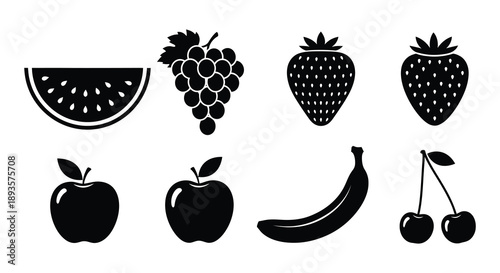 Black silhouette icons depicting a variety of fresh fruits arranged in rows