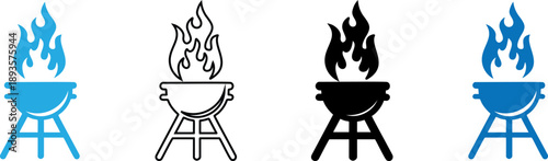 Four Grill Icons with Flames on Transparent Background
