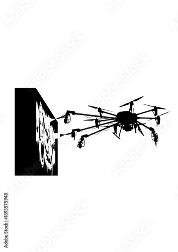 Robotic Mural Painting Drone Silhouette, Autonomous Street Art Technology, Future Construction and Urban Decoration Vector Graphic