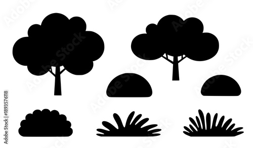 Green bush and shrub silhouettes flat vector eco illustration set isolated on white background