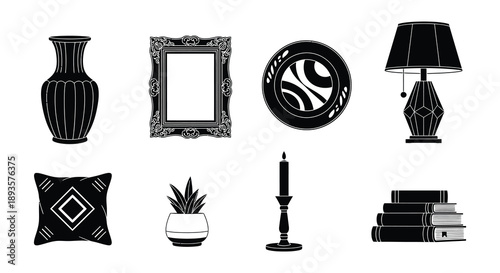 Black and white icons depicting various home decor and furniture items