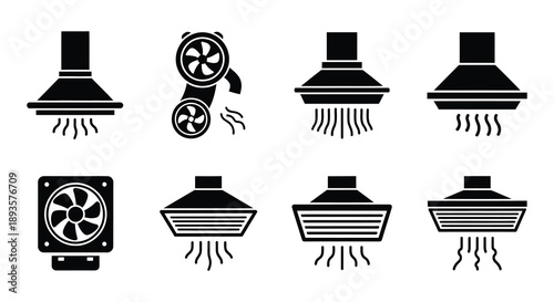 Black and white icons depicting various ventilation and cooling systems