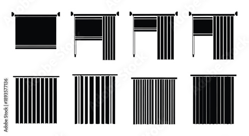 Black and white illustration of various window and curtain designs
