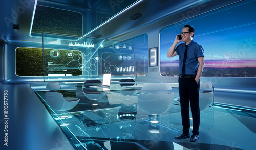 Wallpaper Mural Businessman on phone in futuristic office technology Torontodigital.ca