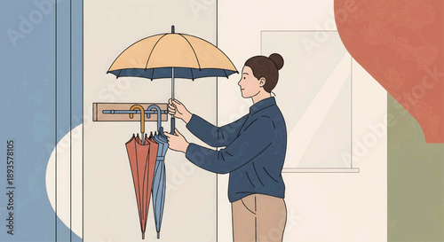 Illustrated character hanging a wet umbrella on a wall hook after a rainy day out for safety and security