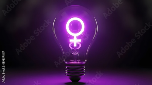 A lightbulb glows with the female symbol, representing women's ideas and power.
