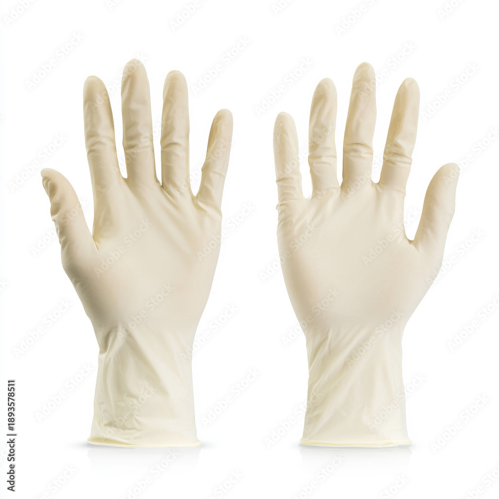 Fototapeta premium Latex medical gloves isolated on clean white background, smooth texture, soft shadow, professional healthcare stock image for World AIDS Day campaigns