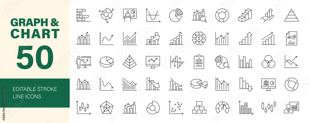 Fototapeta premium Graph and Chart icon set. Editable line icons. Vector illustration.