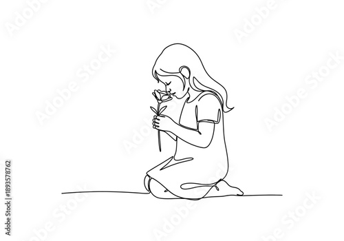 Minimalist One Line Drawing of a Girl Smelling a Flower – Modern Line Art Illustration