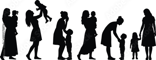 Mother and child silhouette collection, motherhood stages, family bonding moments, parenting concept, woman with baby, childhood growth illustration