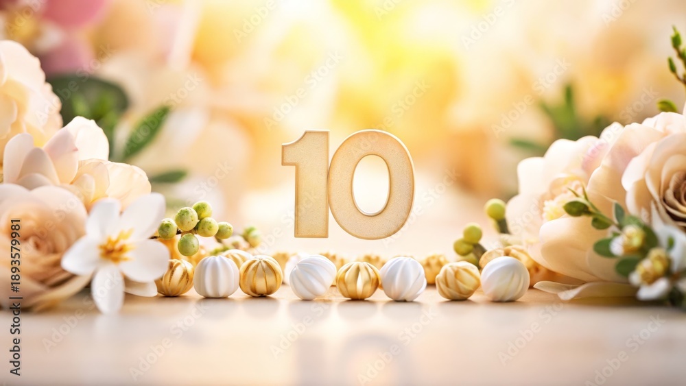 Fototapeta premium Number 10 With Flowers On Soft Bokeh Background, Elegant Floral Composition, Anniversary And Birthday Concept, Celebration Design, Greeting Card, Invitation, Branding, Marketing Banner, Copy Space